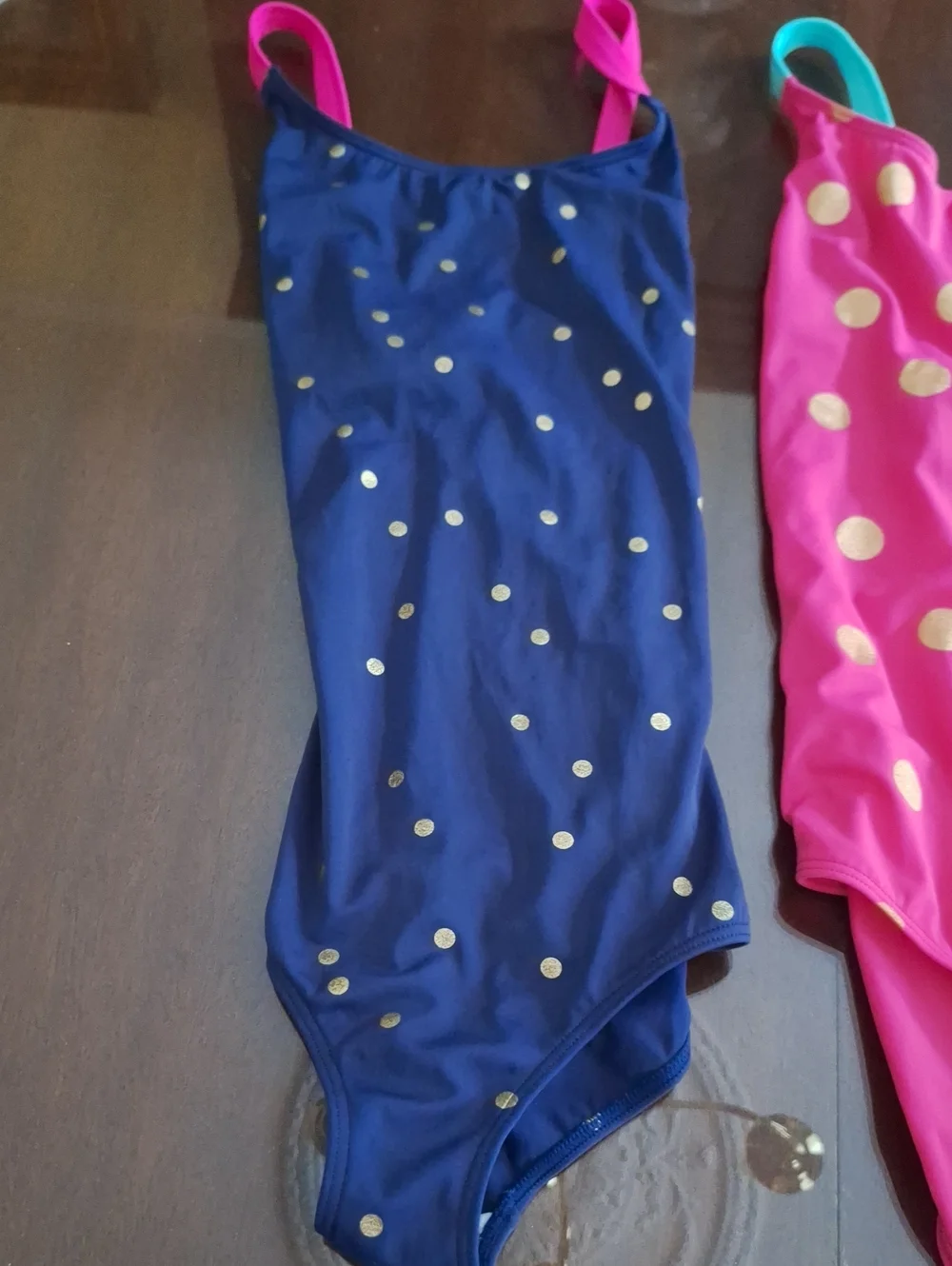 Two Boden Kids Size 13-14 Polka Dot One-Piece Swimsuits - Pink & Navy, Like New